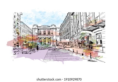 Construir vistas con un punto de referencia de Bucarest es el
capital de Rumanía. Salto de color de agua con ilustración de esbozo dibujada a mano en vector.