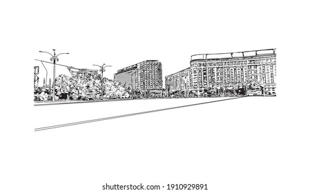 Building view with landmark of Bucharest is the
capital of Romania. Hand drawn sketch illustration in vector.