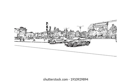 Building view with landmark of Bucharest is the
capital of Romania. Hand drawn sketch illustration in vector.