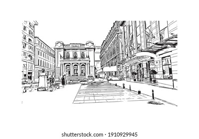 Bukarest: Bausicht mit Wahrzeichen ist die
Hauptstadt Rumäniens. Handgezeichnete Skizzengrafik in Vektorgrafik.