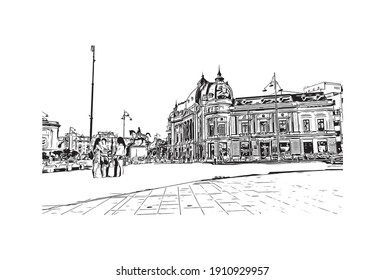 Building view with landmark of Bucharest is the
capital of Romania. Hand drawn sketch illustration in vector.