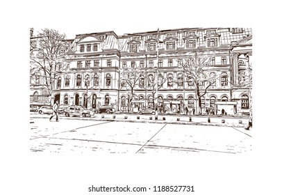 Building view with landmark of Bucharest, in southern Romania, is the country's capital and commercial center. Hand drawn sketch illustration in vector.