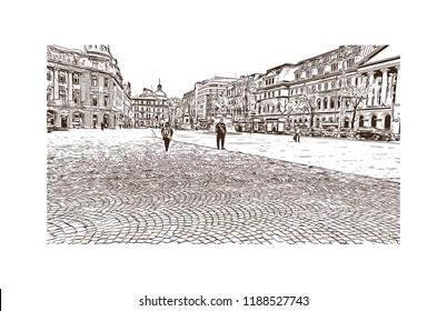Building view with landmark of Bucharest, in southern Romania, is the country's capital and commercial center. Hand drawn sketch illustration in vector.