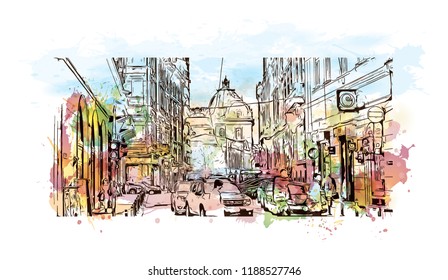 Building view with landmark of Bucharest, in southern Romania, is the country's capital and commercial center. Watercolor splash with Hand drawn sketch illustration in vector.