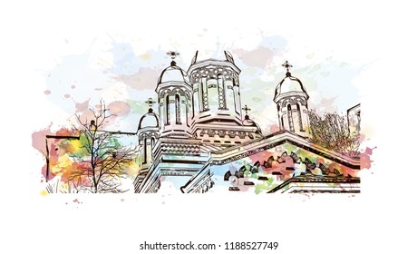 Building view with landmark of Bucharest, in southern Romania, is the country's capital and commercial center. Watercolor splash with Hand drawn sketch illustration in vector.