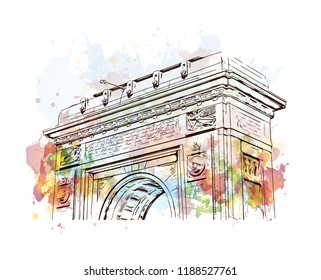 Building view with landmark of Bucharest, in southern Romania, is the country's capital and commercial center. Watercolor splash with Hand drawn sketch illustration in vector.