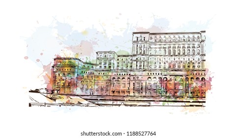 Building view with landmark of Bucharest, in southern Romania, is the country's capital and commercial center. Watercolor splash with Hand drawn sketch illustration in vector.