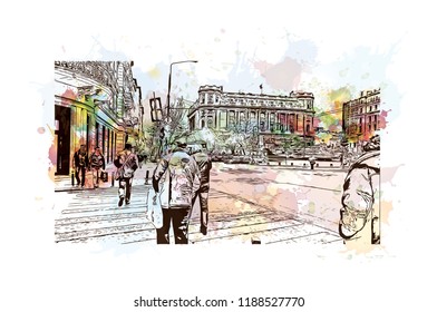 Building view with landmark of Bucharest, in southern Romania, is the country's capital and commercial center. Watercolor splash with Hand drawn sketch illustration in vector.