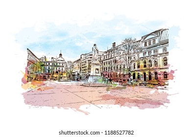 Building view with landmark of Bucharest, in southern Romania, is the country's capital and commercial center. Watercolor splash with Hand drawn sketch illustration in vector.