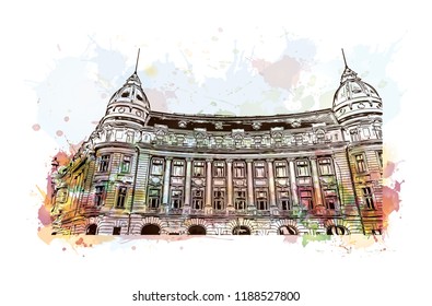 Building view with landmark of Bucharest, in southern Romania, is the country's capital and commercial center. Watercolor splash with Hand drawn sketch illustration in vector.