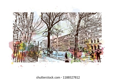 Building view with landmark of Bucharest, in southern Romania, is the country's capital and commercial center. Watercolor splash with Hand drawn sketch illustration in vector.