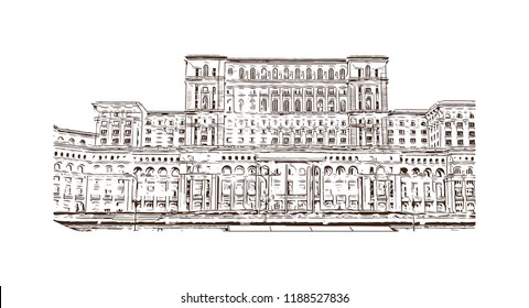Building view with landmark of Bucharest, in southern Romania, is the country's capital and commercial center. Hand drawn sketch illustration in vector.