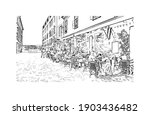 Building view with landmark of Budapest is the
capital of Hungary. Hand drawn sketch illustration in vector.