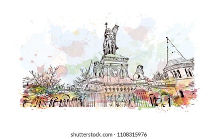 Building view with landmark of Budapest, Capital of Hungary. Watercolor splash with hand drawn sketch illustration in vector.
