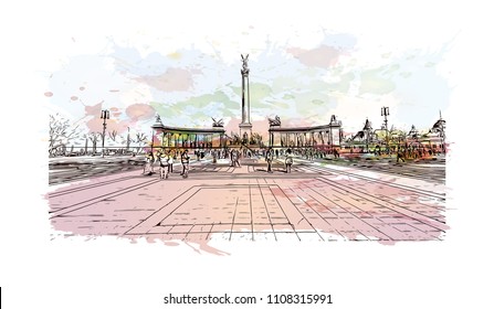 Building view with landmark of Budapest, Capital of Hungary. Watercolor splash with hand drawn sketch illustration in vector.
