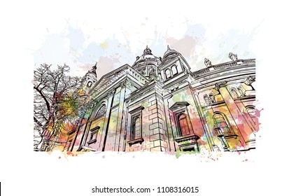 Building view with landmark of Budapest, Capital of Hungary. Watercolor splash with hand drawn sketch illustration in vector.
