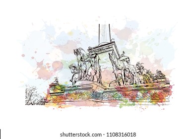 Building view with landmark of Budapest, Capital of Hungary. Watercolor splash with hand drawn sketch illustration in vector.
