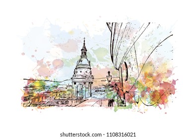 Building view with landmark of Budapest, Capital of Hungary. Watercolor splash with hand drawn sketch illustration in vector.
