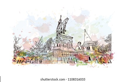 Building view with landmark of Budapest, Capital of Hungary. Watercolor splash with hand drawn sketch illustration in vector.
