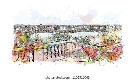 Building view with landmark of Budapest, Capital of Hungary. Watercolor splash with hand drawn sketch illustration in vector.
