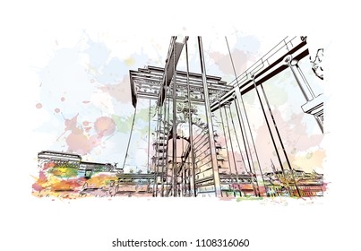 Building view with landmark of Budapest, Capital of Hungary. Watercolor splash with hand drawn sketch illustration in vector.
