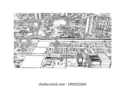 Building view with landmark of Buenaventura is the
city in Colombia. Hand drawn sketch illustration in vector.