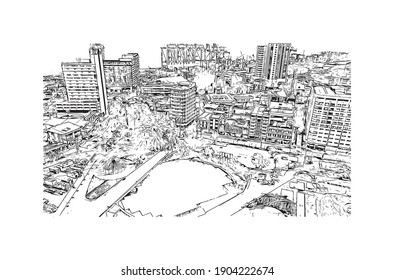 Building view with landmark of Buenaventura is the
city in Colombia. Hand drawn sketch illustration in vector.