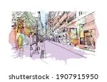 Building view with landmark of Buenos Aires is the
capital of Argentina. Watercolor splash with hand drawn sketch illustration in vector.