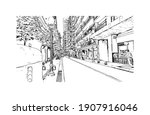 Building view with landmark of Buenos Aires is the
capital of Argentina. Hand drawn sketch illustration in vector.