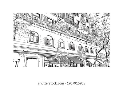 Building view with landmark of Buenos Aires is the
capital of Argentina. Hand drawn sketch illustration in vector.