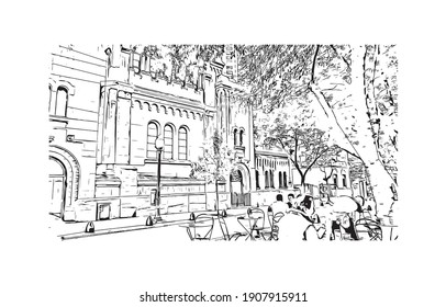 Building view with landmark of Buenos Aires is the
capital of Argentina. Hand drawn sketch illustration in vector.