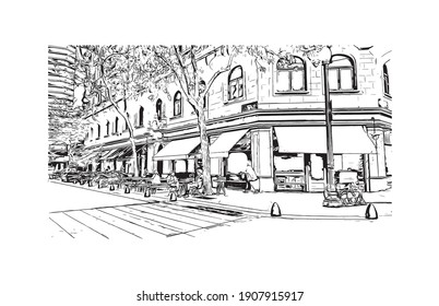 Building view with landmark of Buenos Aires is the
capital of Argentina. Hand drawn sketch illustration in vector.