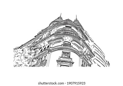 Building view with landmark of Buenos Aires is the
capital of Argentina. Hand drawn sketch illustration in vector.