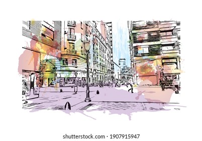 Building view with landmark of Buenos Aires is the
capital of Argentina. Watercolor splash with hand drawn sketch illustration in vector.