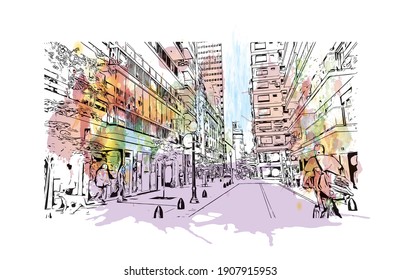 Building view with landmark of Buenos Aires is the
capital of Argentina. Watercolor splash with hand drawn sketch illustration in vector.