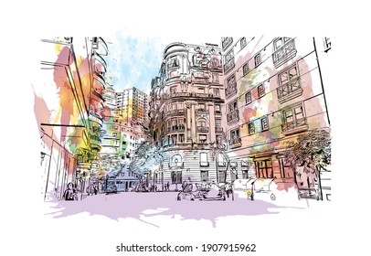 Building view with landmark of Buenos Aires is the
capital of Argentina. Watercolor splash with hand drawn sketch illustration in vector.