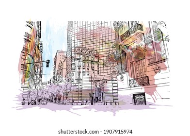 Building view with landmark of Buenos Aires is the
capital of Argentina. Watercolor splash with hand drawn sketch illustration in vector.