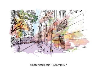 Building view with landmark of Buenos Aires is the
capital of Argentina. Watercolor splash with hand drawn sketch illustration in vector.