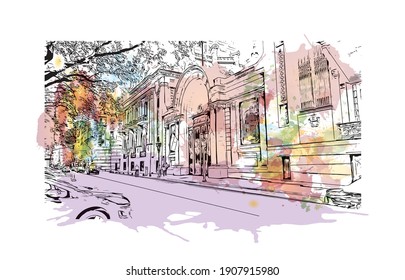 Building view with landmark of Buenos Aires is the
capital of Argentina. Watercolor splash with hand drawn sketch illustration in vector.