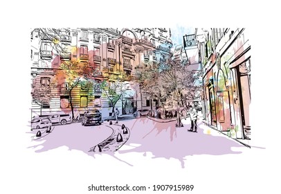 Building view with landmark of Buenos Aires is the
capital of Argentina. Watercolor splash with hand drawn sketch illustration in vector.