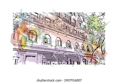 Building view with landmark of Buenos Aires is the
capital of Argentina. Watercolor splash with hand drawn sketch illustration in vector.