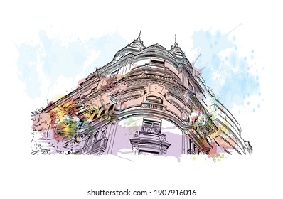 Building view with landmark of Buenos Aires is the
capital of Argentina. Watercolor splash with hand drawn sketch illustration in vector.