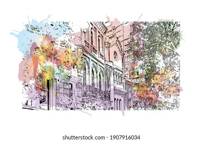 Building view with landmark of Buenos Aires is the
capital of Argentina. Watercolor splash with hand drawn sketch illustration in vector.