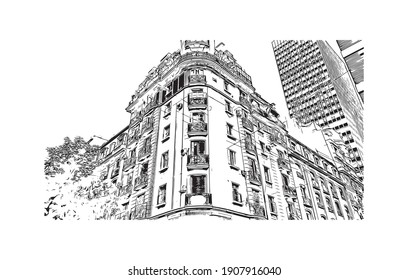 Building view with landmark of Buenos Aires is the
capital of Argentina. Hand drawn sketch illustration in vector.