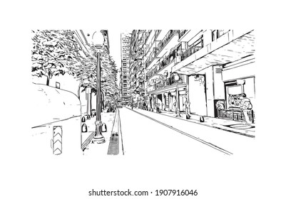 Building view with landmark of Buenos Aires is the
capital of Argentina. Hand drawn sketch illustration in vector.