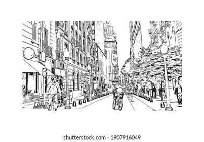 Building view with landmark of Buenos Aires is the
capital of Argentina. Hand drawn sketch illustration in vector.