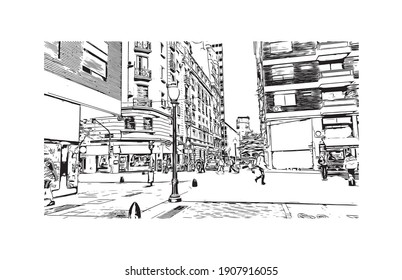 Building view with landmark of Buenos Aires is the
capital of Argentina. Hand drawn sketch illustration in vector.