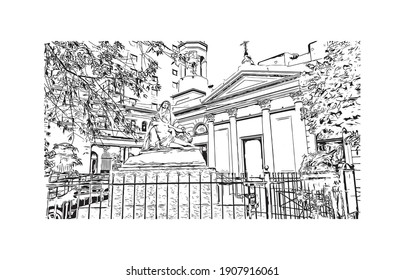 Building view with landmark of Buenos Aires is the
capital of Argentina. Hand drawn sketch illustration in vector.