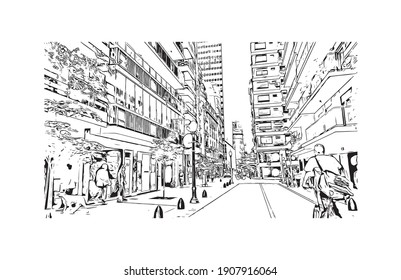 Building view with landmark of Buenos Aires is the
capital of Argentina. Hand drawn sketch illustration in vector.