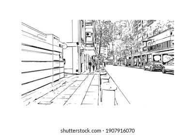 Building view with landmark of Buenos Aires is the
capital of Argentina. Hand drawn sketch illustration in vector.